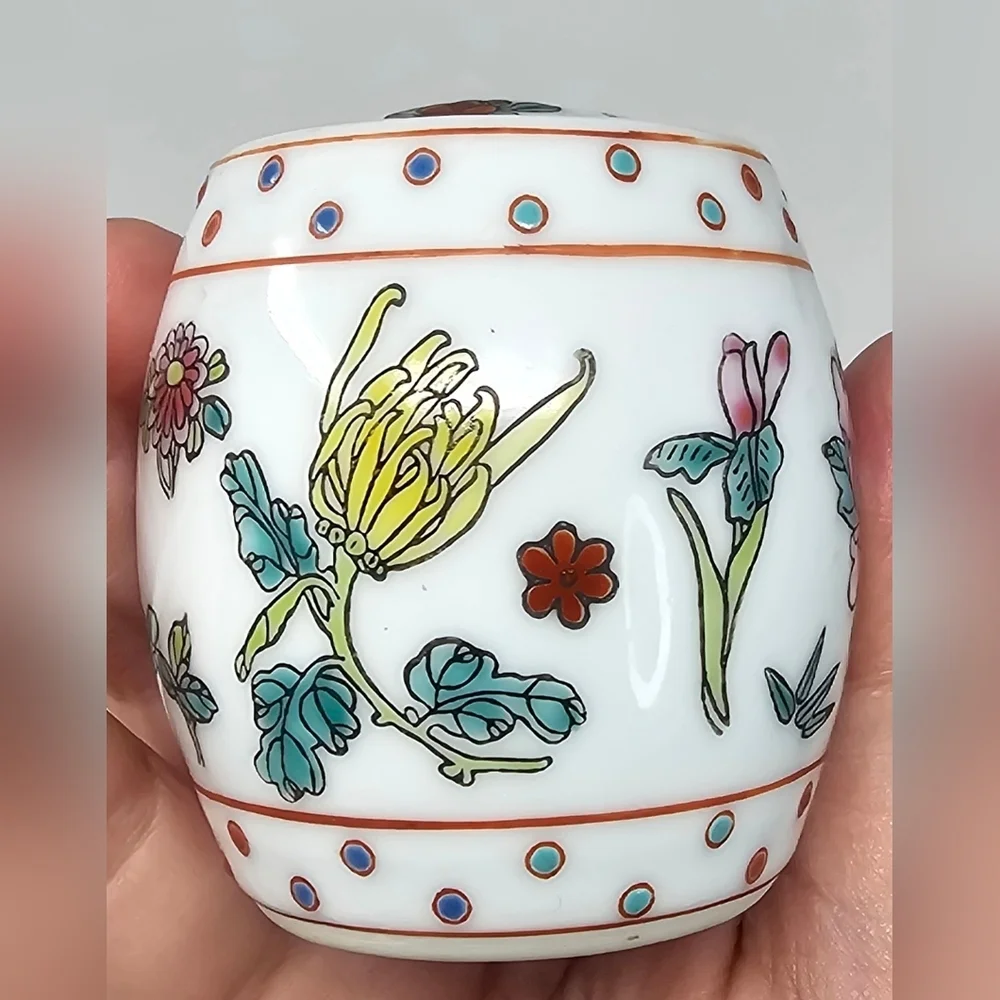 Vintage Hand Painted Chinese Famille Rose Barrel Miniature Porcelain Spice Jar